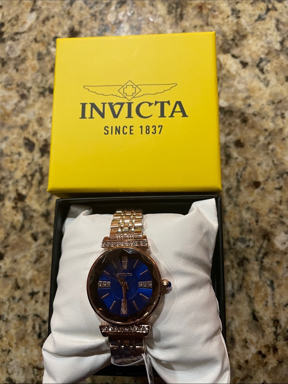 Invicta Wildflower Rose Gold Tone Watch with Blue Dial and Crystal Accents